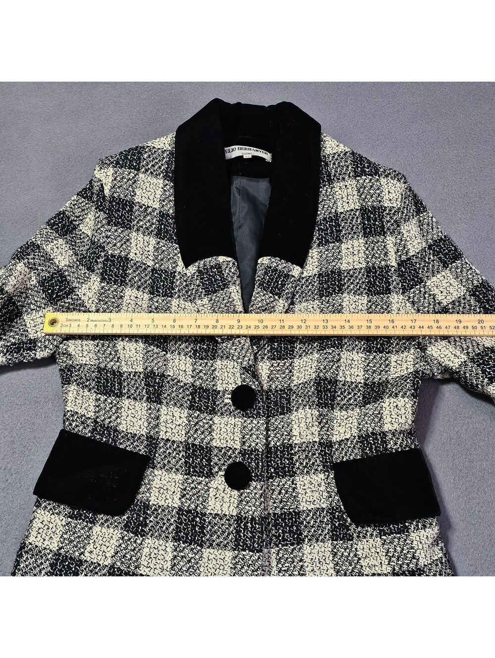 Elio Berhanyer Women's Size EU 46 US 14 Black White Checkered Blazer Velvet Trim - Picture 3 of 9
